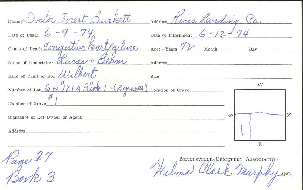 Forest Burkett burial card